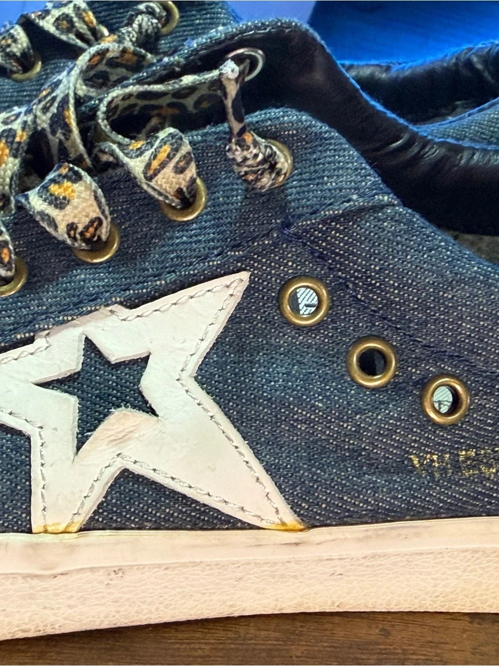Vintage Denim Star Sneakers with Leopard Laces